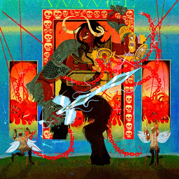 eye-burningly bright illustration of a large demonic figure,  their goat legs stepping out of a skull-bordered portal, which their bloody chains slither in and out of. She's wearing plates of armour repurposed from when she was smaller. She is flanked by two very small faes - who are holding decapitated heads and backed by smaller portrals - which show battlefield in hell from which they emerge