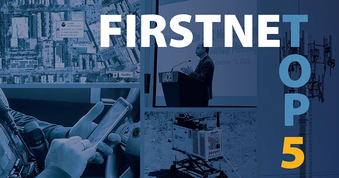 "FirstNet Top 5;" screenshot of Z-axis application; officer using a phone; FirstNet Authority staff at IACP 2022; a CRD