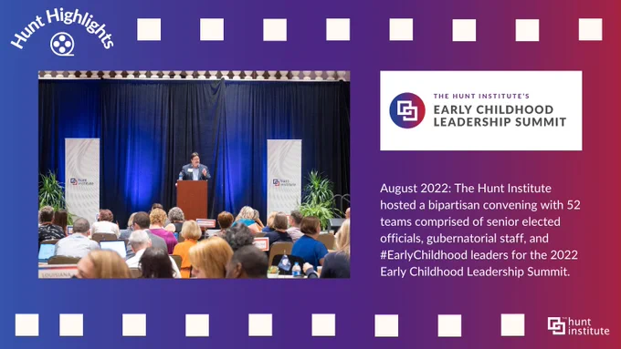 White squares line top and bottom of purple gradient background. In center: Image of man standing at podium.