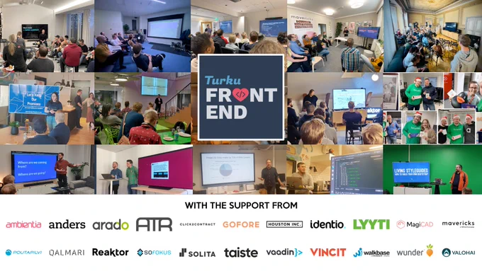 A collage of photos with pictures from various Turku Frontend events throughout the years. At the bottom is a logo wall with over 20 tech company logos.