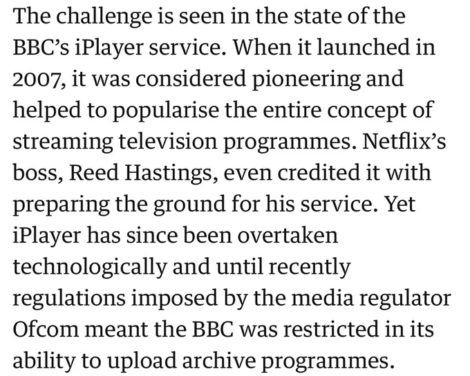 Screenshot from the linked article describing how iPlayer was considered a pioneer when it launched 2007, with even Netflix crediting it.
