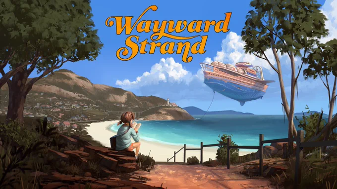 Key art for Wayward Strand - a girl sits on a rocky outcrop near a path leading down to a beach - she's reading a book. Above the beach, a giant airship floats in the sky.