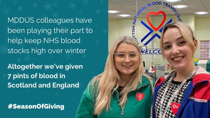 MDDUS colleagues have been playing their part to help keep NHS blood stocks high over winter. Altogether we've given 7 pints of blood in Scotland and England.