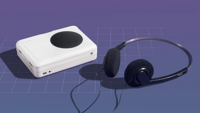 Ein Kassettenspieler im Xbox Series S Design zusammen mit Kopfhörern.
