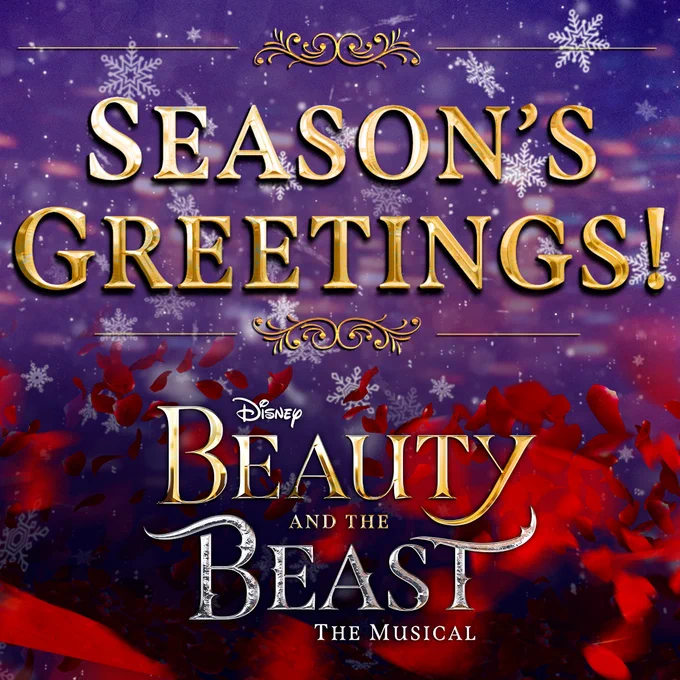 The words SEASONS GREETINGS on a purple snowy background above the Beauty and the Beast logo.