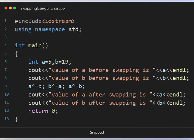 #Day29 #100DaysOfCode
Project : Swapping using ^ bitwise operator 
Language : C  
#programming  #daily #programmer #cpplanguage #clanguage  #DataScience #appdevelopment #tech #technical #girlscript #googledevs #CPP #c #DevOps 