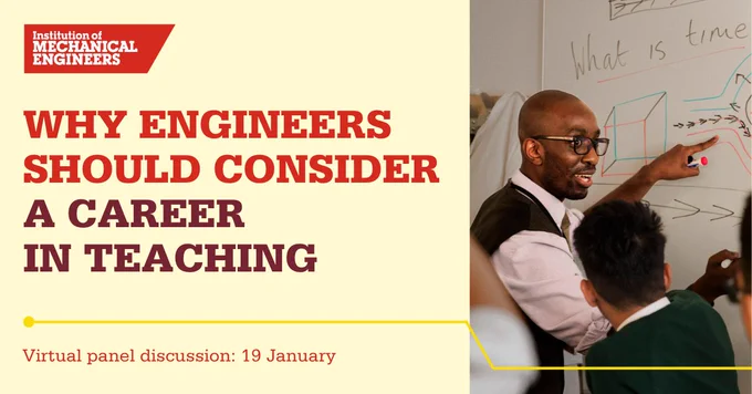 Light yellow social media card with a teacher pointing at a whiteboard on the right hand side. IMechE logo top left.