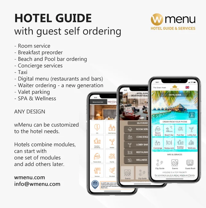 Digital Hotel Guide - Make your hotel environmentally friendly and at the same time increase sales, reduce costs and work force, and excite guests with an excellent digital service!
Guest self ordering increase revenue by an average of 15% in restaurants and and as much as 30% at beaches & pool bars.

wMenu creates custom made multilingual Hotel Guide apps with guest selforder services:
- Room service 
- Breakfast preorder
- Beach and Pool bar ordering
- Concierge services
- Taxi
- Digital menu (restaurants and bars)
- Waiter ordering - a new generation
- Valet parking
- SPA & Wellness

Integration with Oracle Simphony or any other POS on request.

More info on wmenu.com, contact us at info@wmenu.com