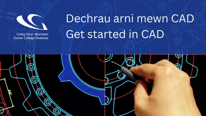 Photo of someone pointing to a 2D CAD, blue overlay at the top with the GCS logo and "Get started in CAD" text 