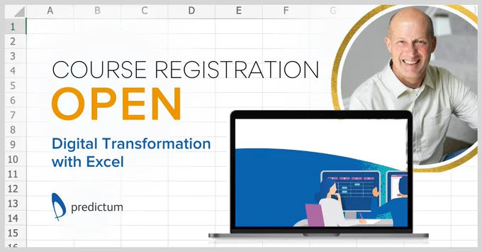 Promotional graphic for DTE course, featuring an image of course instructor, J.D. Landgrebe, the Predictum logo, and the text "Course registration open: Digital Transformation with Excel."