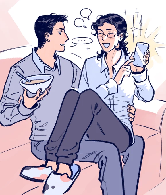 A digital illustration of Fei Du sitting on Luo Wenzhou's lap on a couch. Fei Du looks very pleased and is pointing to a phone he's holding while explaining something. He's also wearing slippers shaped like Luo Yiguo. Luo Wenzhou looks exasperated, with one hand holding soup and the other hand on Fei Du's waist.
