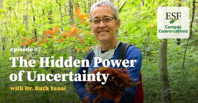 Foreground: Episode 7, The Hidden Power of Uncertainty with Dr. Ruth Yanai. Background: Woman holding leaves in forest. 