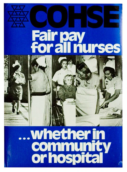 A poster with a blue background featuring black and white images of female nurses working. The black and white text reads, 'COHSE Fair pay for nurses...whether in community or hospital'. 