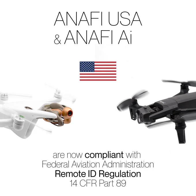 In accordance to the new FAA Remote Identification (remote ID) requirements, the ANAFI USA and the ANAFI Ai are now fully compliant, thanks to an update to firmware   FreeFlight 6 & 7.

#faa #anafiusa #anafiai #freeflight #remoteID #astm #safety #security