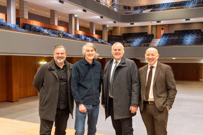 AEG Presents UK CEO, Steve Homer, local music legend and Ned’s Atomic Dustbin frontman, Jonn Penney, Council Leader, Cllr Ian Brookfield, and Council Chief Executive, Tim Johnson, inside The Halls Wolverhampton.
