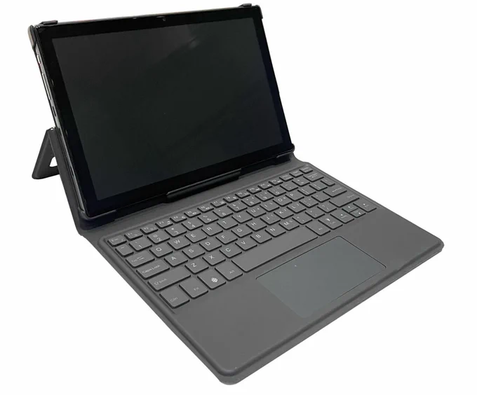 A 10.1 inch tablet with a detachable keyboard cover. Both the tablet and keyboard are black. The screen is off. 