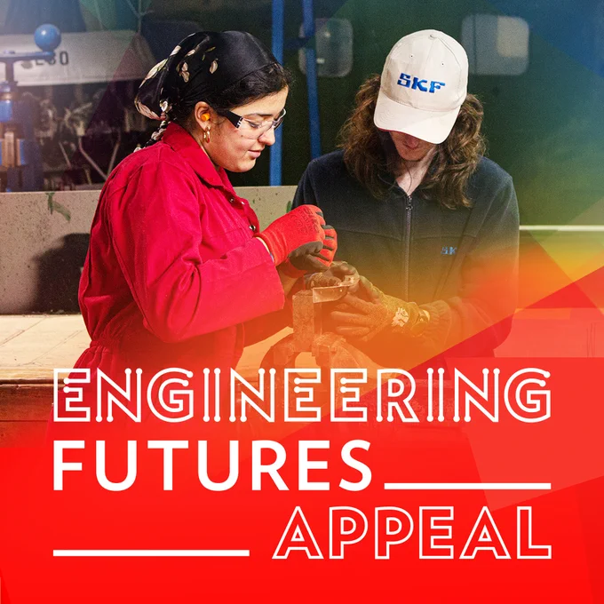 Two women stand together over machinery, making something in an engineering workshop. Below them the words "Engineering Futures Appeal" are written in large white capital letters. Behind the letters is a red background, that as you move upwards on the image fades and merges into yellow which fades completely into the image of the women.