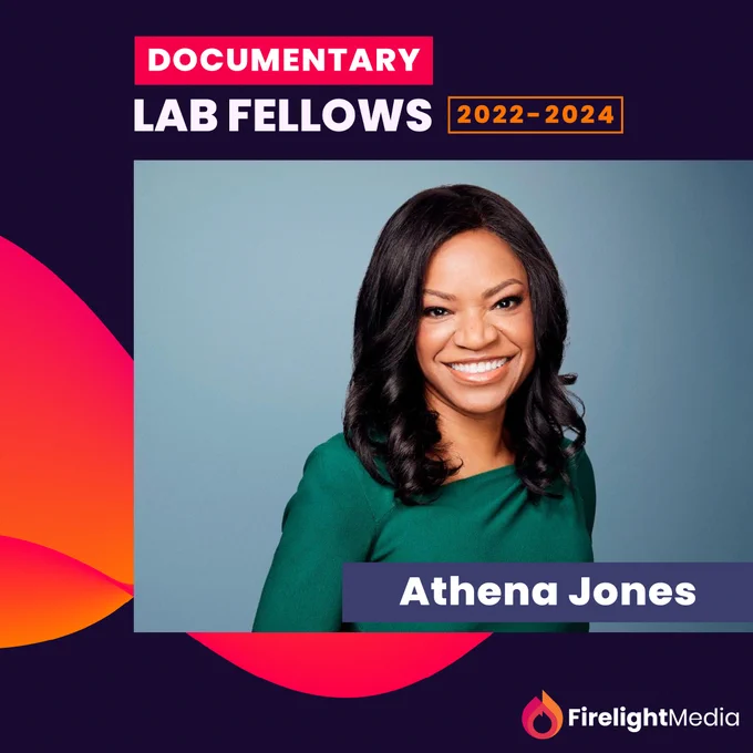 A headshot of filmmaker Athena Jones against a dark purple background with an orange and red swirl design along with the words "Documentary Lab Fellows 2022-2022" and Firelight Media's orange, red, and pink logo. 