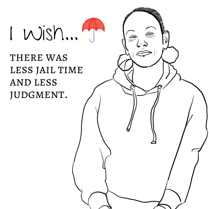 "Image One: The image shows a black-and-white sketch outline of a person's headshot. The person has their hair in a bun and are smiling slightly. They are wearing large hoop earrings and a hoodie. The title reads ""I wish"" with a red umbrella logo next to it. The text underneath reads ""there was less jail time and less judgment.”