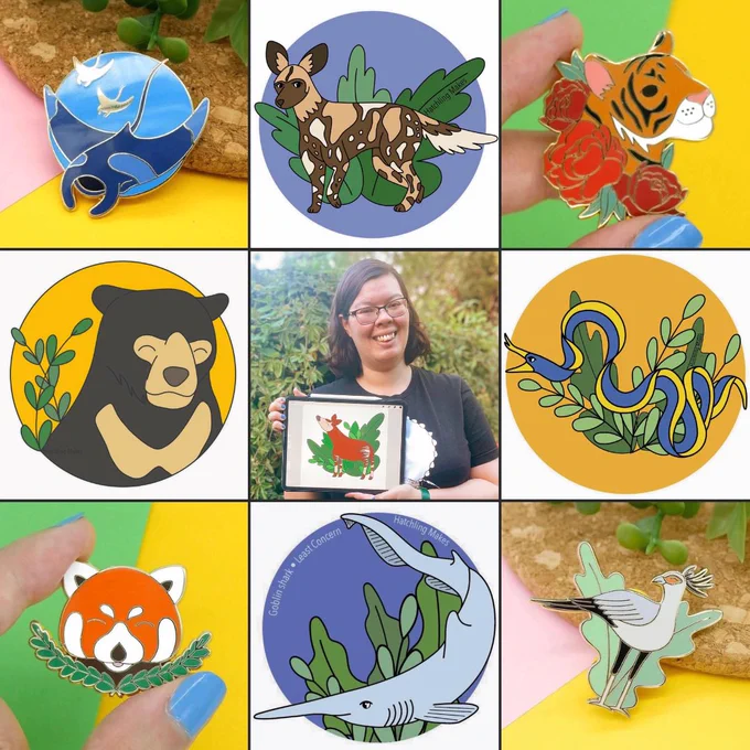 A grid of 9 images. From left to right. Top row; a manta Ray enamel pin, an African wild dog illustration, a tiger enamel pin. Middle row; sun bear illustration, photo of Tash holding her iPad with an okapi illustration on the screen, ribbon eel illustration. Bottom row; a red panda enamel pin, a goblin shark illustration, a Secretary bird enamel pin