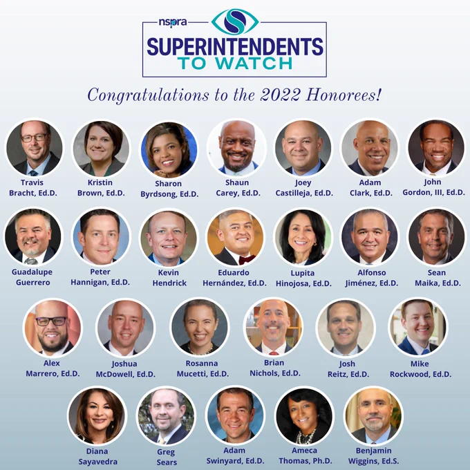 Headshots of the 25 superintendents selected as an NSPRA 2022 Superintendent to Watch.