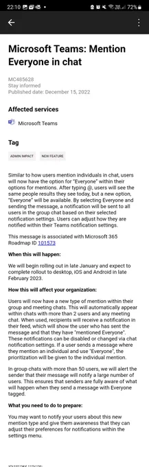 Screenshot of Microsoft message center ID MC485628
