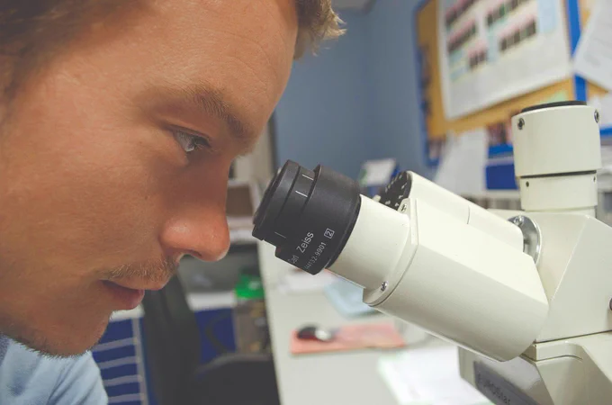 A scientist in a laboratory peering into a microscope.