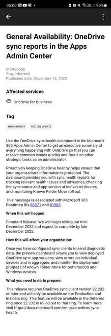 Screenshot of Microsoft message center ID MC486328