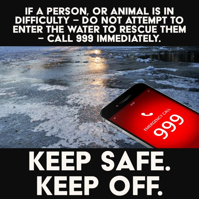 Graphic telling people not to attempt to rescue a person or animal if they are in difficulty in frozen water. Instead call 999. 
