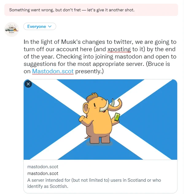 screencap of a tweet with link to mastodon.scot that twitter refused to allow.