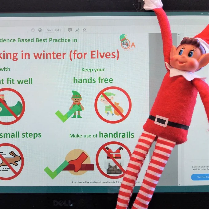 Photo of Quincy the Elf presenting his winter safety for elves infographic.