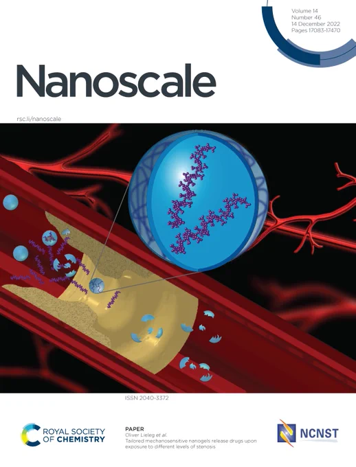 Blue nanogel spheres reach gold narrowing in blood vessel where they break apart and release purple drug molecules. Magnified sphere in foreground.