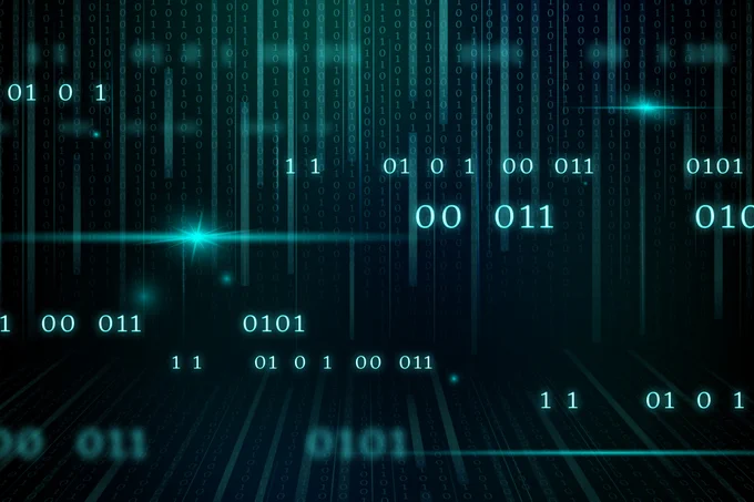 Computer screen with stream of binary code design vector in green, agains a dark background.