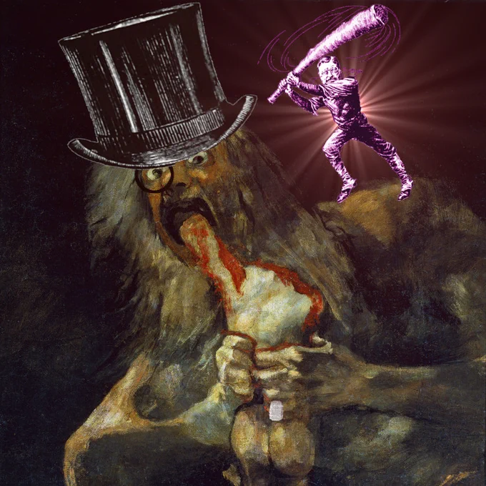 An altered version of Goya's 'Saturn Devouring His Children.' Saturn wears a black top-hat, a monocle and a diamond pinky-ring. On his shoulder perches a trustbuster-era editorial cartoon depicting Roosevelt swinging his 'big stick.'