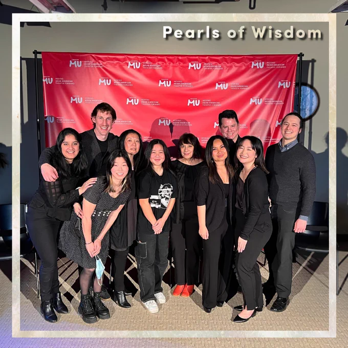 A group picture of the actors who read KUNG FU ZOMBIES VS. SHAMAN WARRIOR at our 2022 New Eyes Festival. They are all in black and standing in front of the Theater Mu backdrop; Alex Galick is on the far right.