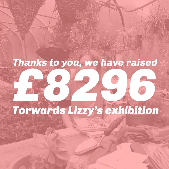 Text reading, "Thanks to you we have raised £8296 towards Lizz's exhibition". 