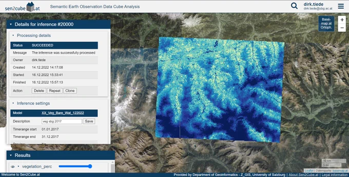 Image shows a screenshot of the Sen2Cube.at web frontend with inference number 20.000