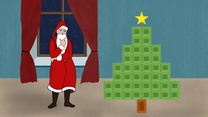 Illustration von Frauke Jansen: Der Weihnachtsmann steht in einem Raum mit blauer Tapete. Er hat eine Hand nachdenklich an seinen Bart gelegt und betrachtet einen Weihnachtsbaum, der aus 40 kleinen Quadraten besteht und der von einem Stern gekrönt wird. Hinter dem Weihnachtsmann ist ein Fenster mit roten Vorhängen. Draußen schneit es.