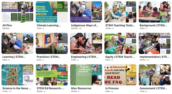 Screenshot of the Pinterest boards associated with STEM Teaching Tools (accessed through the link in the Tweet). 