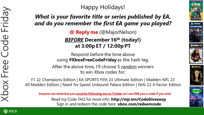 FREE CODE FRIDAY - For a chance to win codes for a big bundle of titles published by Electronic Arts on Xbox One - Xbox Series X|S, reply to this tweet with the hashtag #XboxFreeCodeFriday before 3:00p ET / 12:00p PT answering this question: What is your favorite title or series published by EA, and do you remember the first EA game you played?