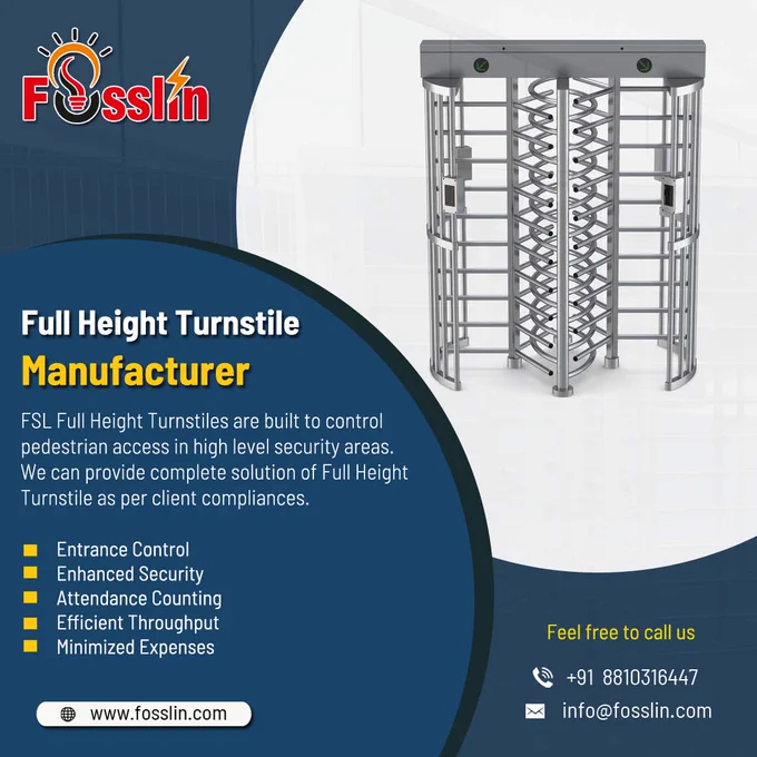 FSL Full Height Turnstiles are built to control pedestrian access in high level security areas. We can provide complete solution of Full Height Turnstile as per client compliances.
Some Benefits
Entrance Control, Enhanced Security, Attendance Counting, Efficient Throughput, Minimized Expenses etc.               
