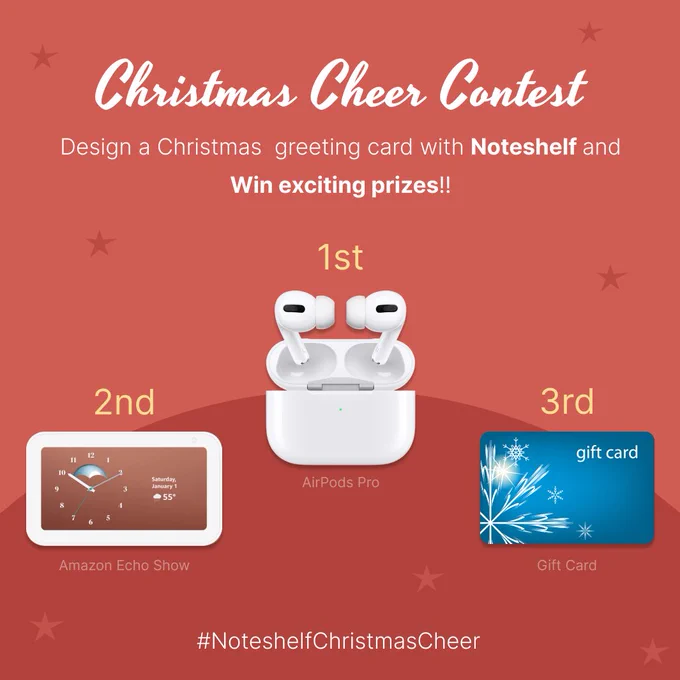 
🌟 How to participate:
1. Design cards using Noteshelf keeping in mind the ‘Christmas theme’.
2. Share your entries and tag us using #noteshelfchristmascheer so we don’t miss out!
3. Be as creative as you can be!

⚠️ Important:
1. Keep your account public so we can see your entries and tag using #noteshelfchristmascheer
2. Contest ends on December 20th 2022.
3. No private accounts as we cannot see your entries.
