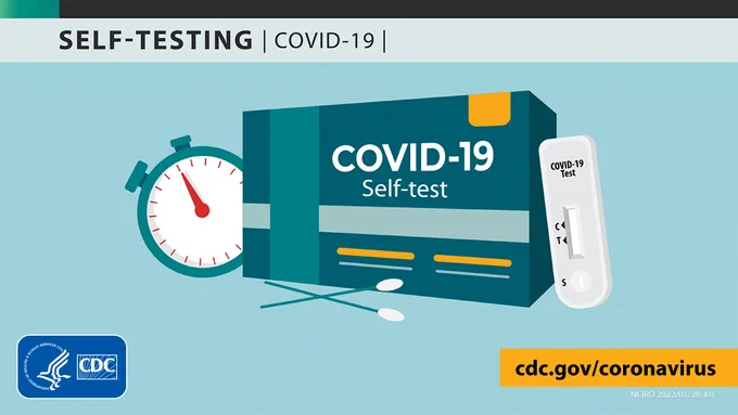 Illustration of at-home COVID-19 test kit. Text says, Self-Testing. COVID-19.