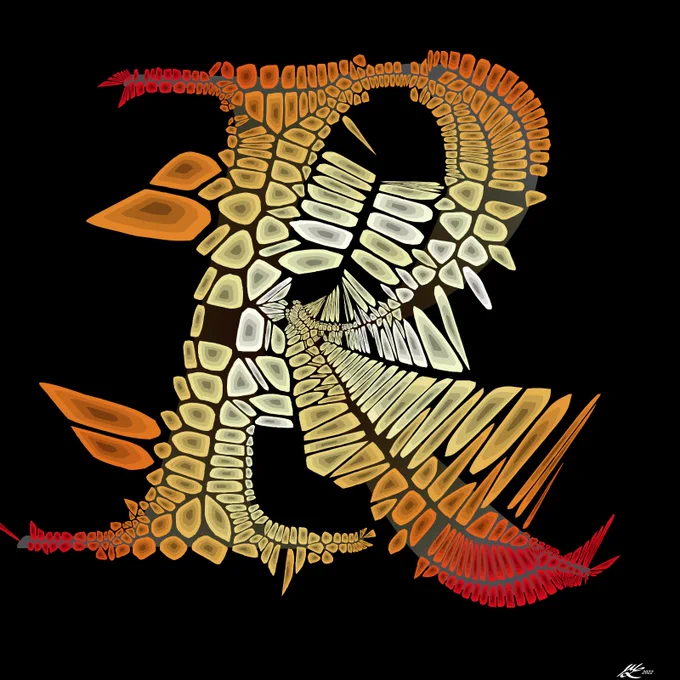 An R rendered as a set of flame-coloured scales.