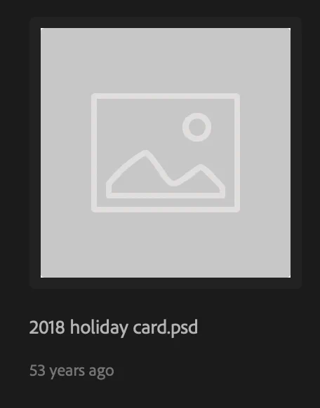 screenshot of file titled "2018 holiday card.psd" where system reports file was created 53 years ago
