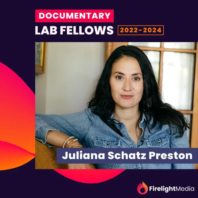 A headshot of Juliana Schatz Preston against a dark purple background with an orange and red swirl design with the words "Documentary Lab Fellows 2022-2024."