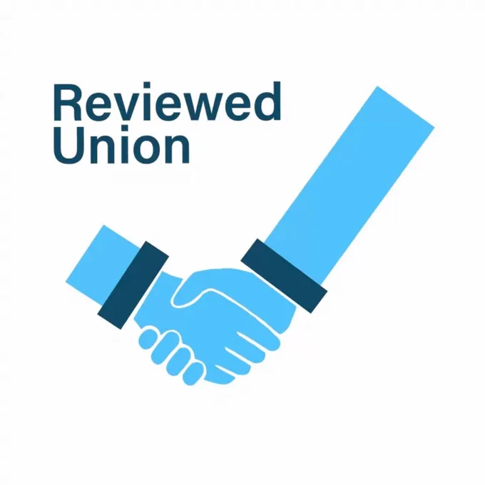 Reviewed Union, with two arms shaking hands forming a blue checkmark