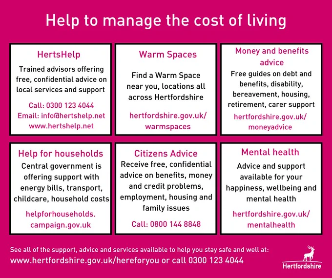 Help to manage the cost of living
HertsHelp call 0300 123 4044
Warm spaces: www.hertfordshire.gov.uk/warmspaces
Money and benefits advice: www.hertfordshire.gov.uk/moneyadvice
Help for households: helpforhouseholds.campaign.gov.uk
Citizens advice call 0800 144 8848
Mental health: www.hertfordshire.gov.uk/mentalhealth