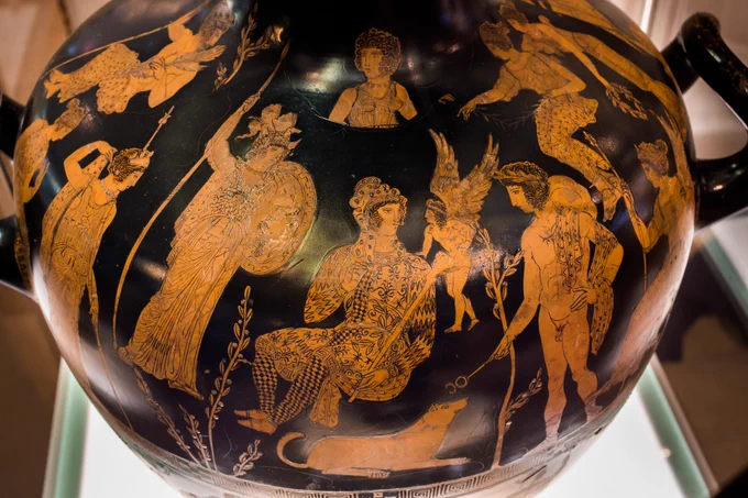 Redfigure vase with Eris on her own at the top
