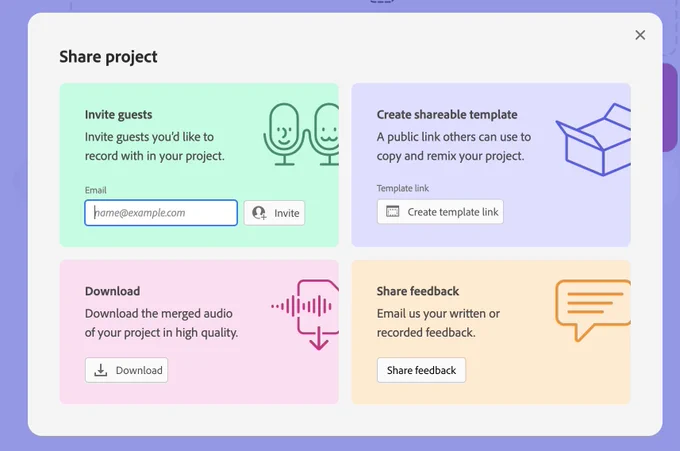 Screenshot showing all the ways to Share an Adobe POdcast project